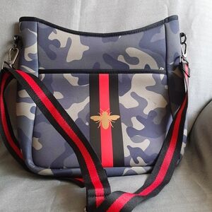 Camouflage Crossbody Bag with Red Stripe